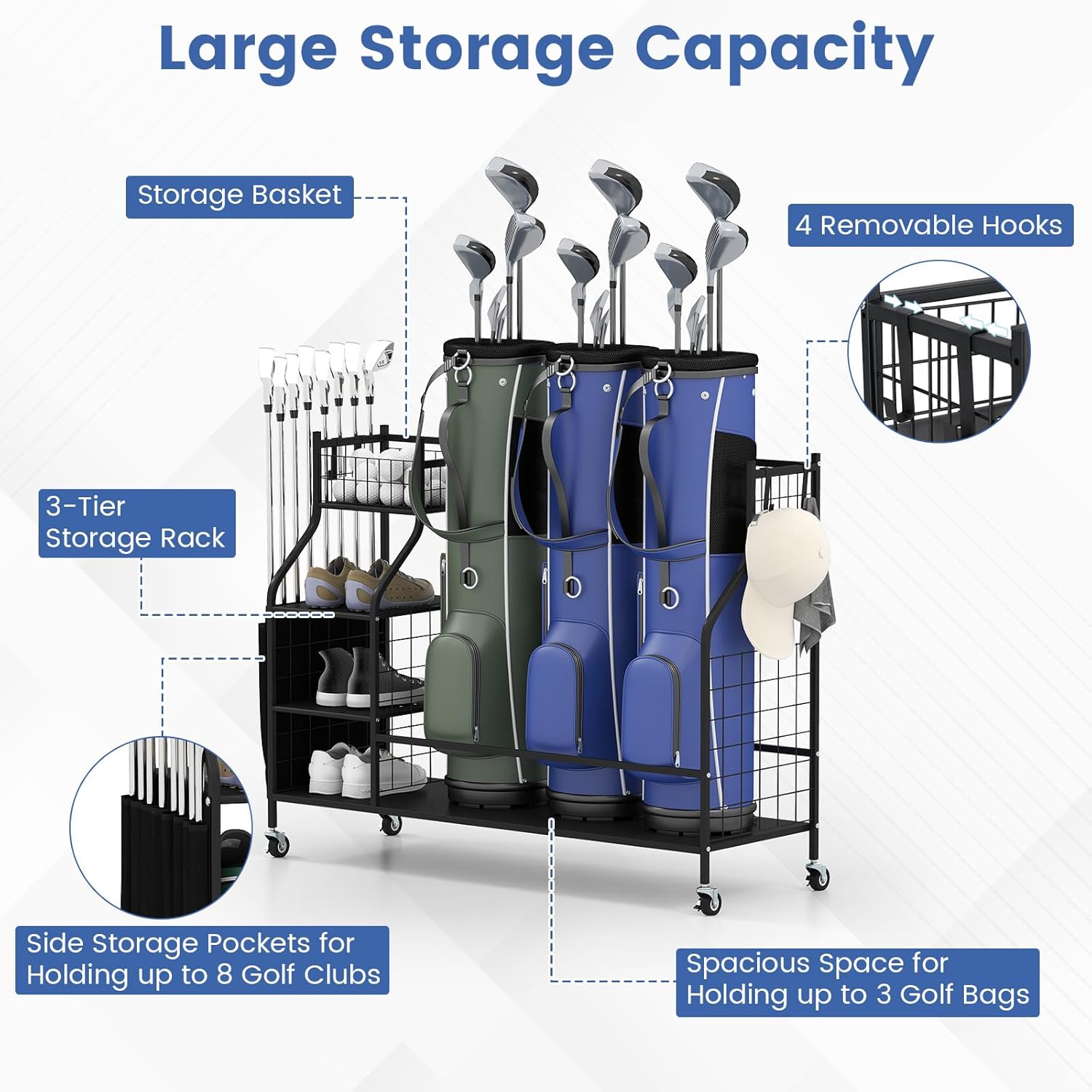 Goplus Golf Bag Organizer, 3 Golf Bag Stand for Clubs, Balls and Golfing Equipment Accessories with Lockable Wheels and Removable Hooks, Golf Storage Rack Holder for Garage, Basement