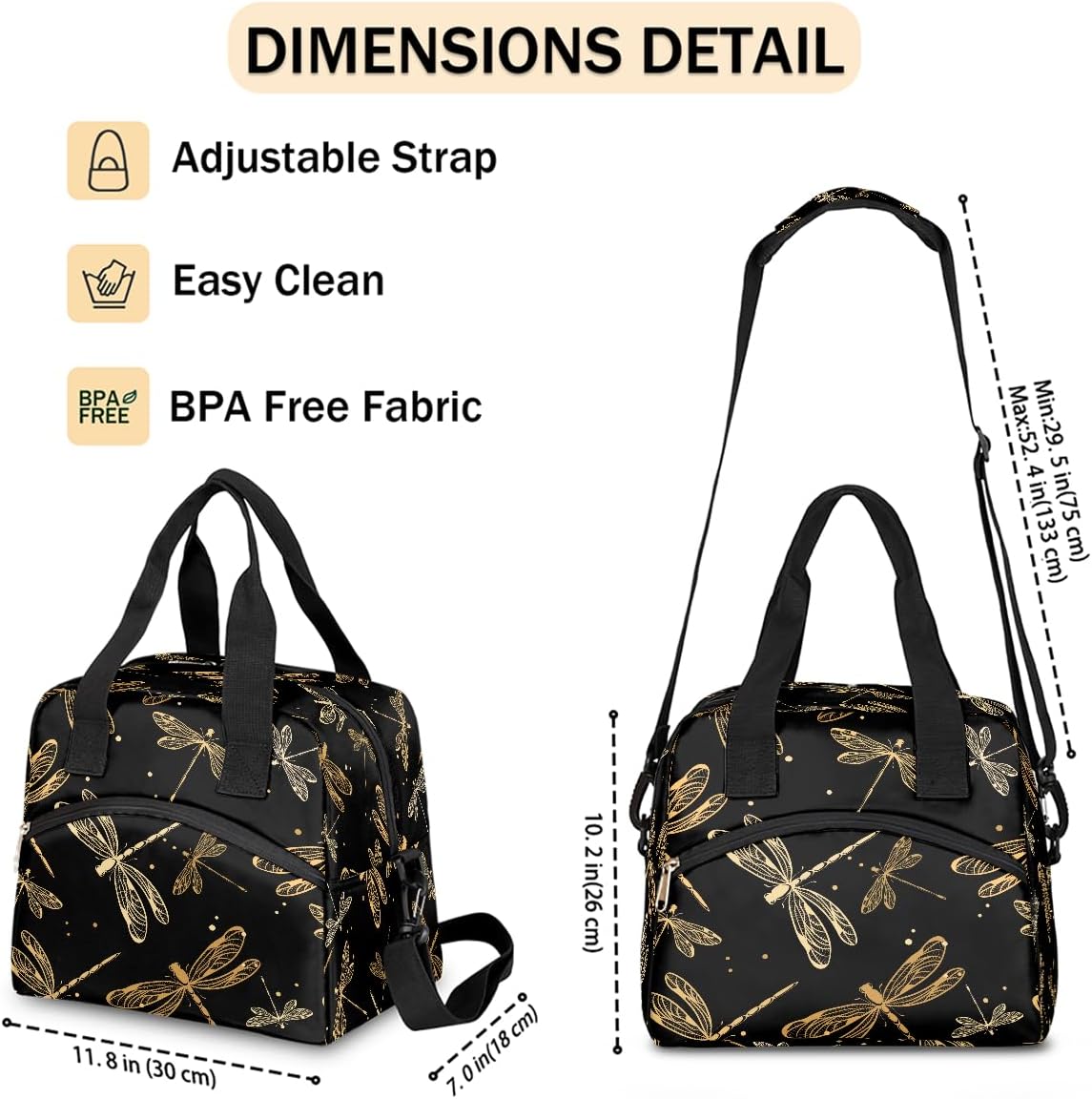 Animal Black Dragonfly Lunch Bag for Women Men Dragonfly Yellow Insulated Large Cooler Box Reusable Meal Prep Bag Waterproof Leakproof Lunch Tote Box for Work Travel Beach Picnic Camping