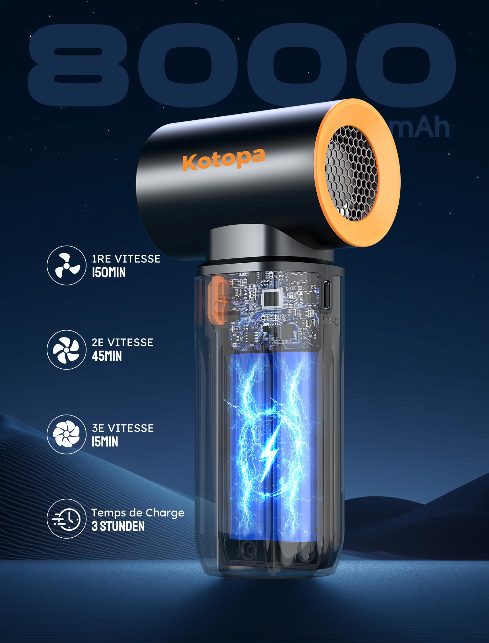 Kotopa Souffleur Air Comprimé, 3 Vitesses 200000 RPM, Mini Souffleur Sans Fil Puissant avec Batterie 8000 mAh, Adapté au Nettoyage des Ordinateurs, Claviers, Automobile et Extérieur (noir)