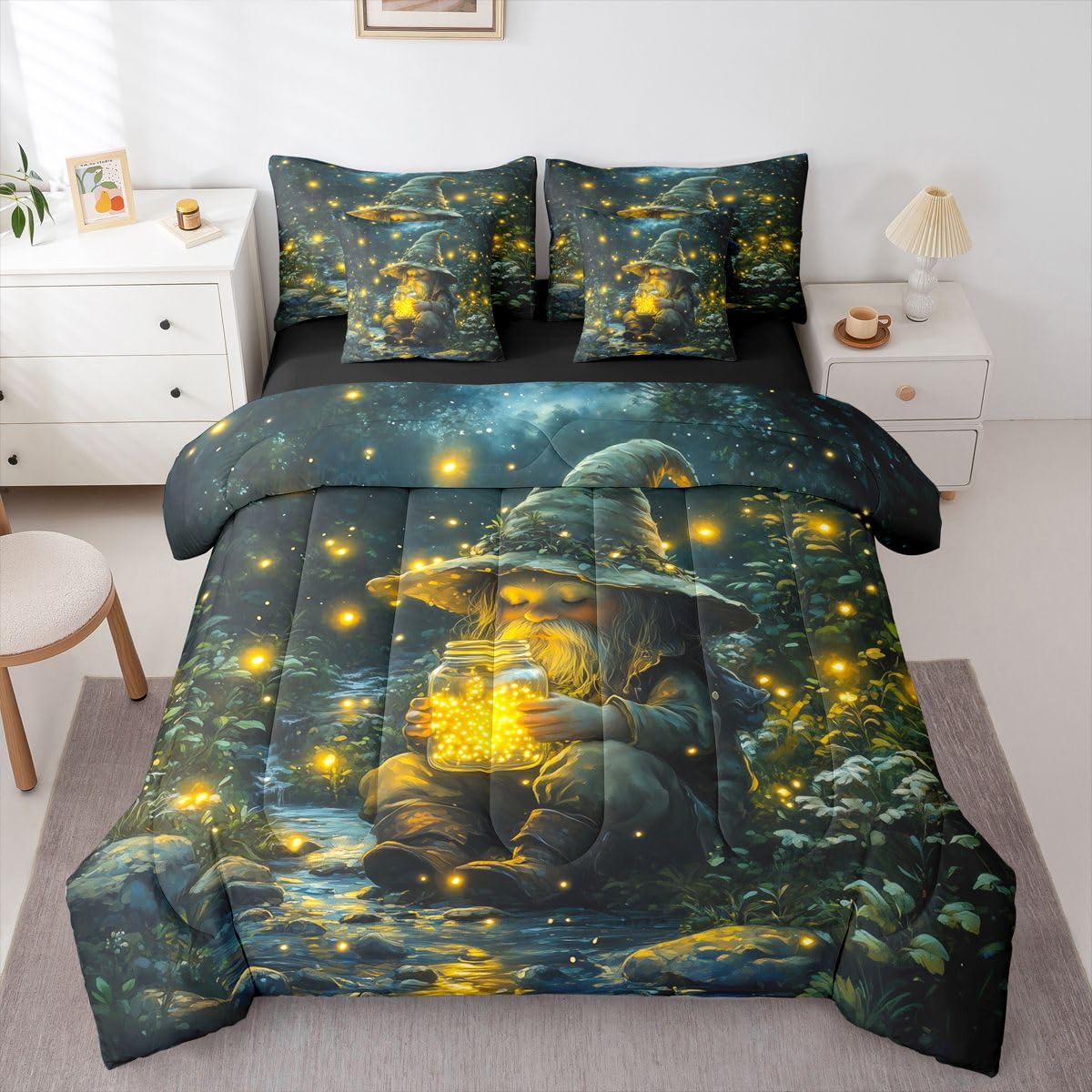 Castle Fairy Jungle Gnome 7 PCS Comforter Set,Rustic Leaves Plants Bedding Set for Kids Adults Girls,Mystery Jungle Night Bed in a Bag with Comforter,Sheets and Pillow Cases,King