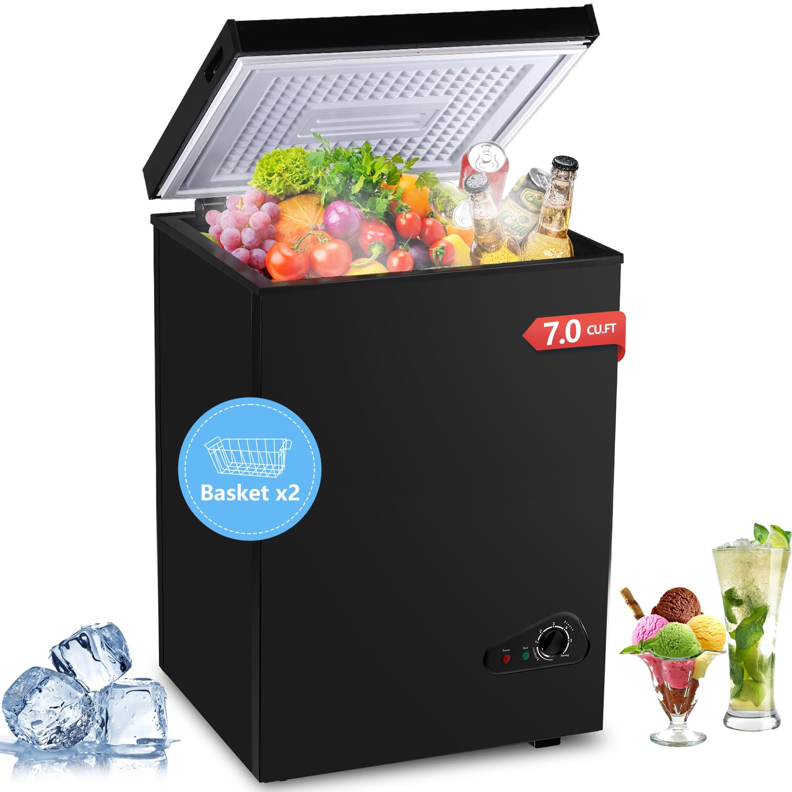Iorbur FLG-100Q 7.0 Cu.Ft Chest Freezer, Adjustable 7-Gear Temperature Control, with Removable Baskets, Deep Compact Freezer for Home, Kitchen, Garage, Office, Shop, RVs - Black