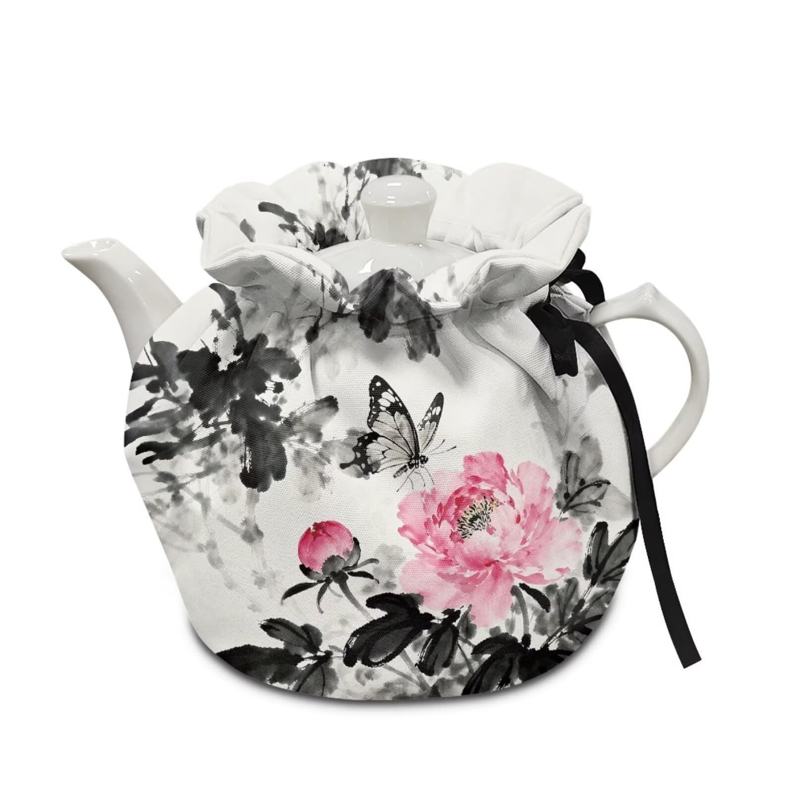 Poceacles Tea Cosy Keep Warm Post Teapot Protective Cover Insulated Tea Kettle Dust Cover for Teapots Breakfast Pot Tabletop Kitchen Accessories, Flower Butterfly Chinese Ink Aesthetics Asian Style