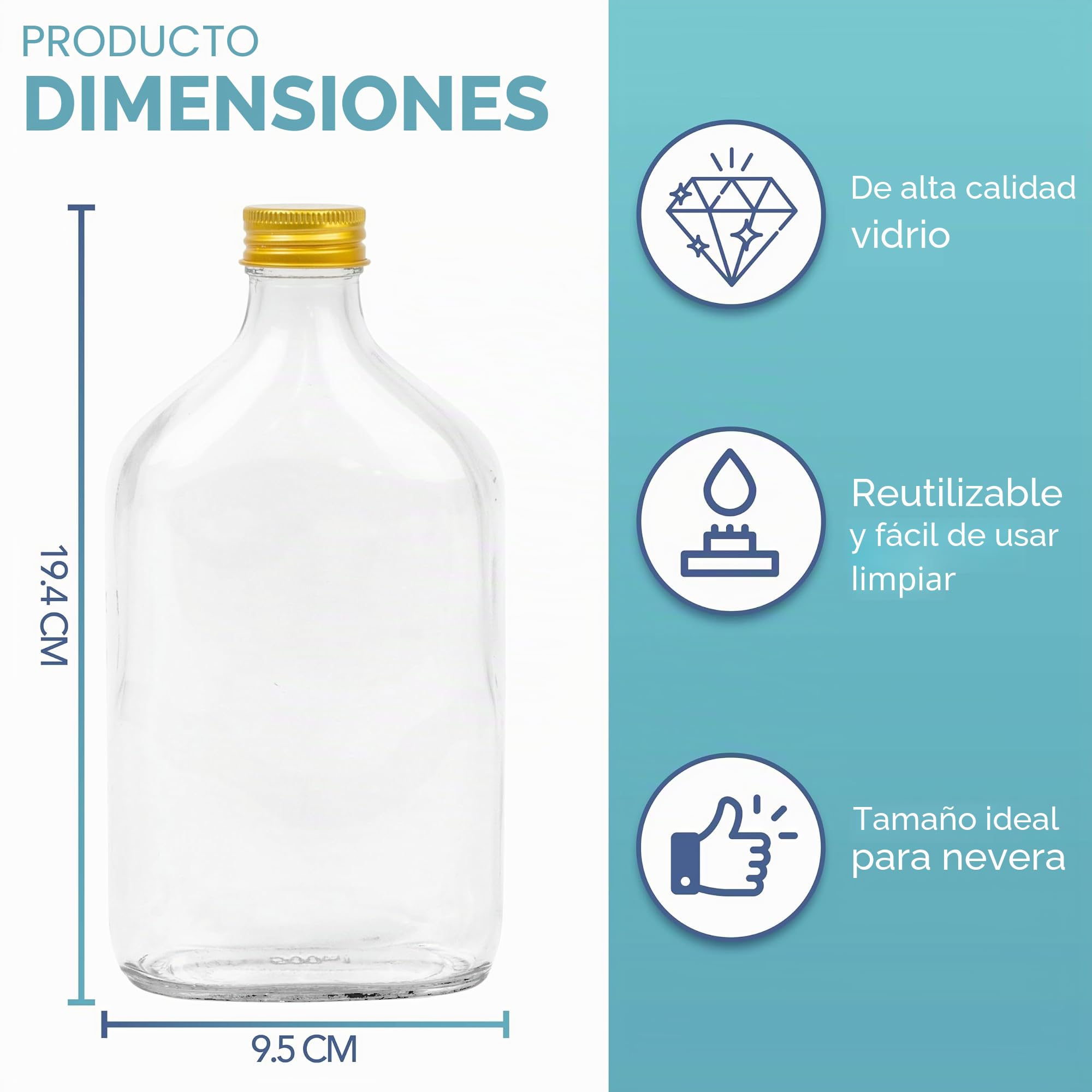 HEFTMAN Flask Botellas de vidrio - paquete de 10 botellas vacías de vidrio de 500 ml con tapas doradas