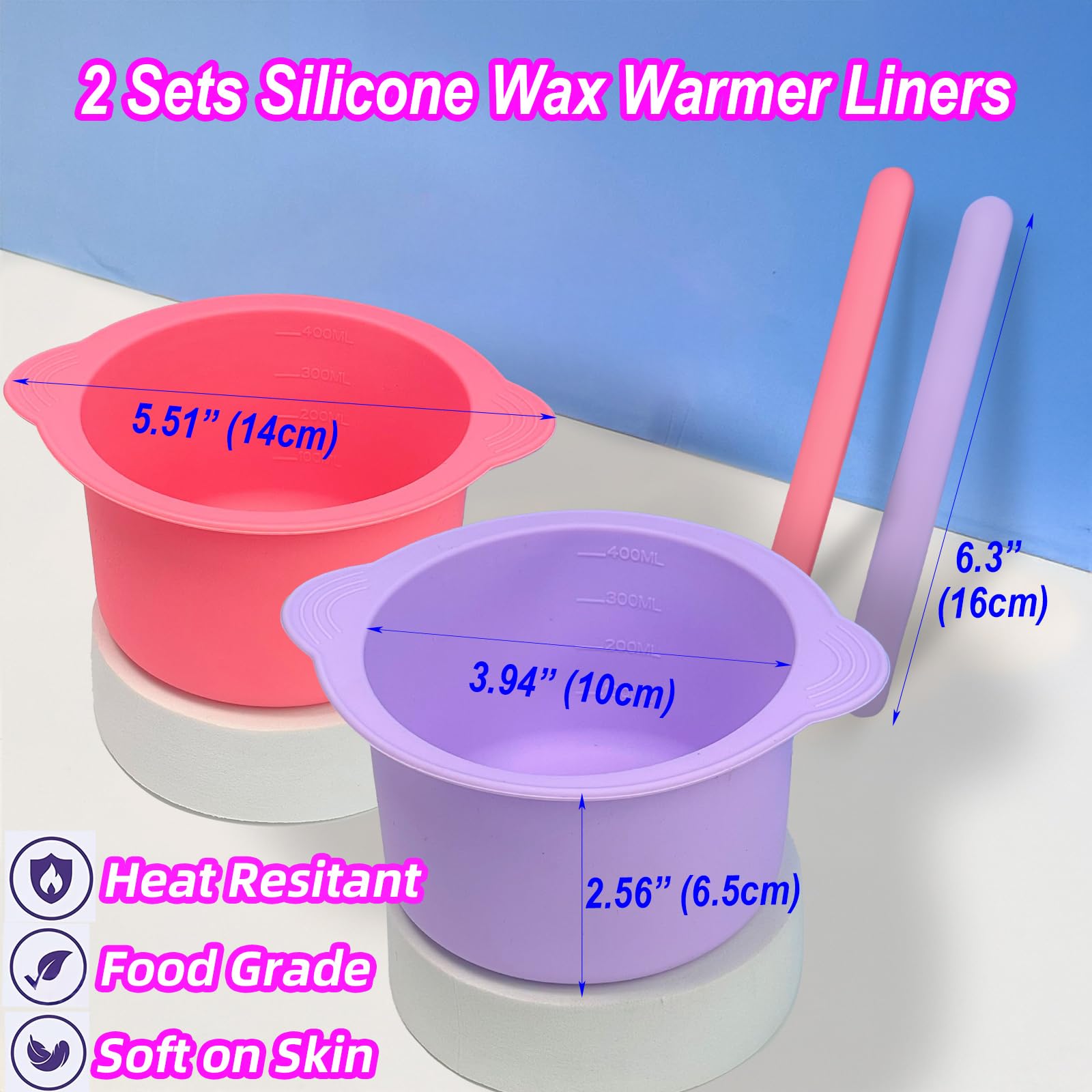 Lot de 2 chauffe-cire en silicone anti-adhésifs avec 2 bâtons de cire en silicone pour épilation, chauffe-cire Gigi, kit de cire Kolua, chauffe-cire pour le corps (rose et violet)