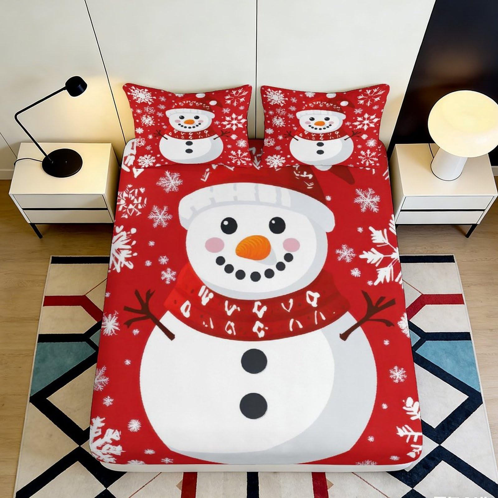 Jqzkxnhpbr Style-9 3D Printed Snowman Fitted Sheet Microfiber Red Christmas Bed Cover With Snowflake Pattern For Bedroom Guest Room Decor 90X200x25cm
