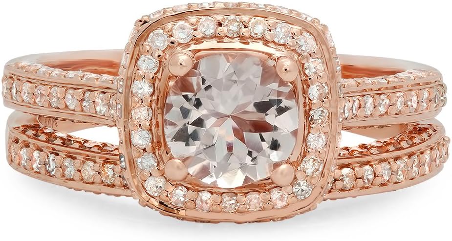 Dazzlingrock Collection 6.2mm Round Morganite & White Natural Diamond Split Shank Halo Engagement Ring Set for Women in 14K Real Solid Gold