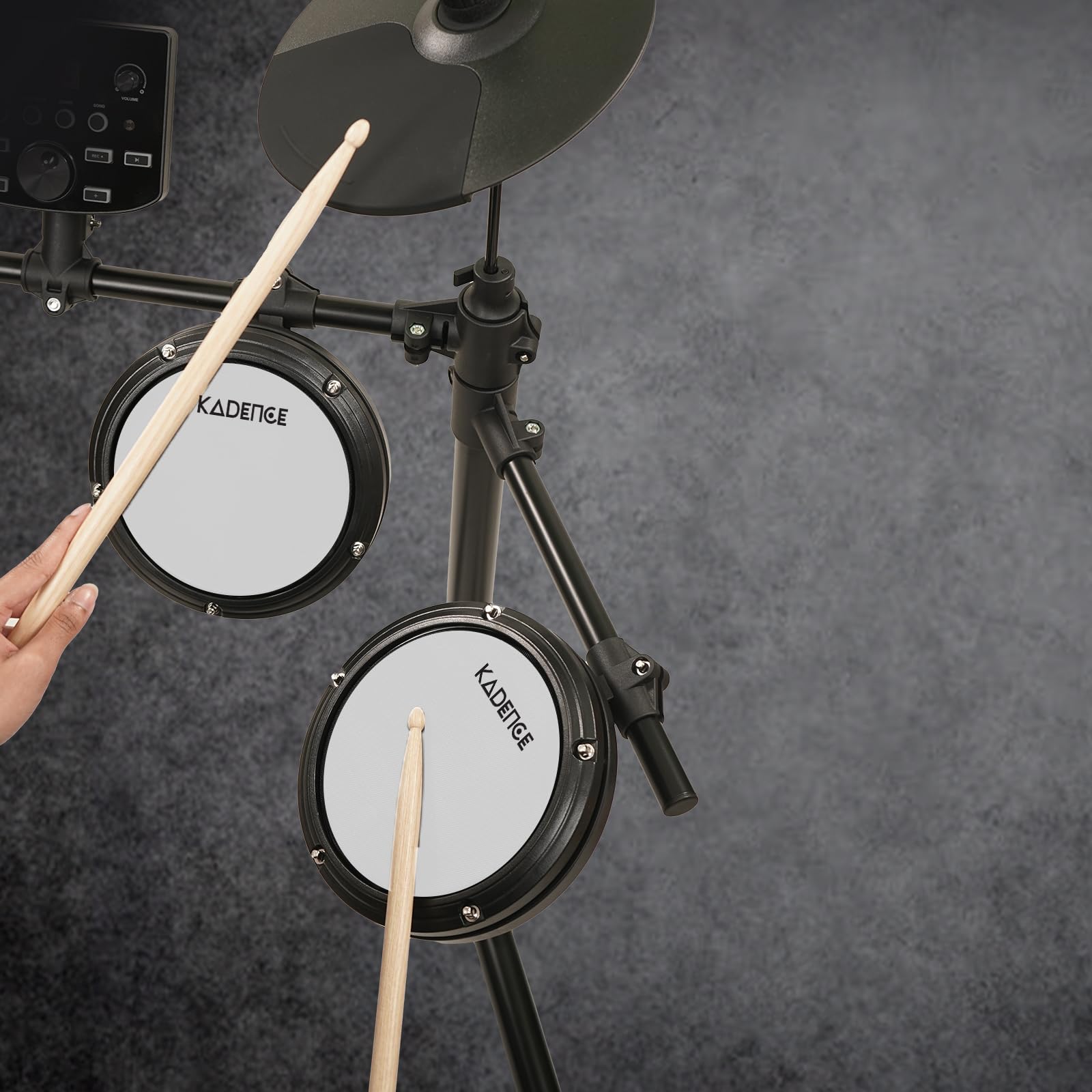 Kadence 7 Piece Electronic Drum Set, Electric Drum set for beginners with 4 quiet white mesh Drum Pads, Headphones, Drumsticks, 2 Pedals, Bluetooth And Led Display (MD200A) - Image 4 thumbnail