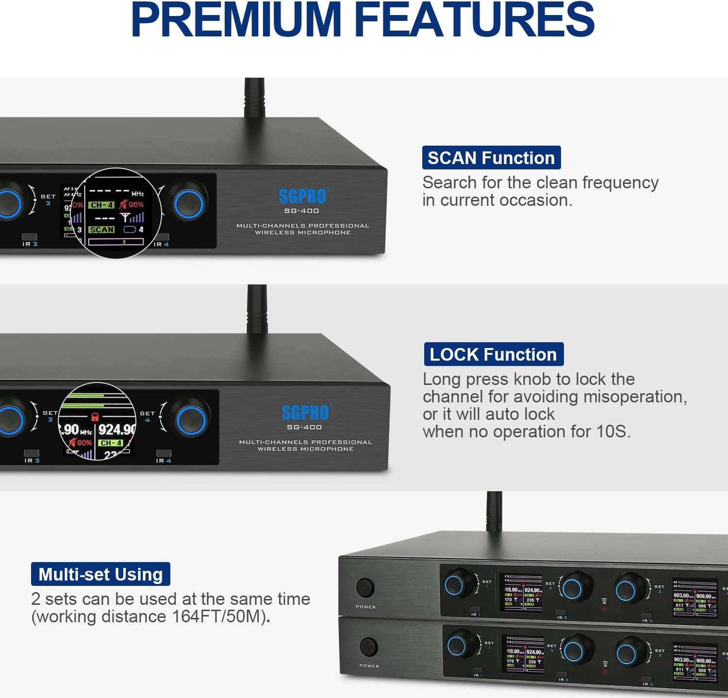 4-Handheld Wireless Microphone System with 65 UHF Channels Each, 262ft Range, Volume Control, Auto-Lock, Mute Function, Perfect for Church, Stage, or Home Use for Premium Sound Quality