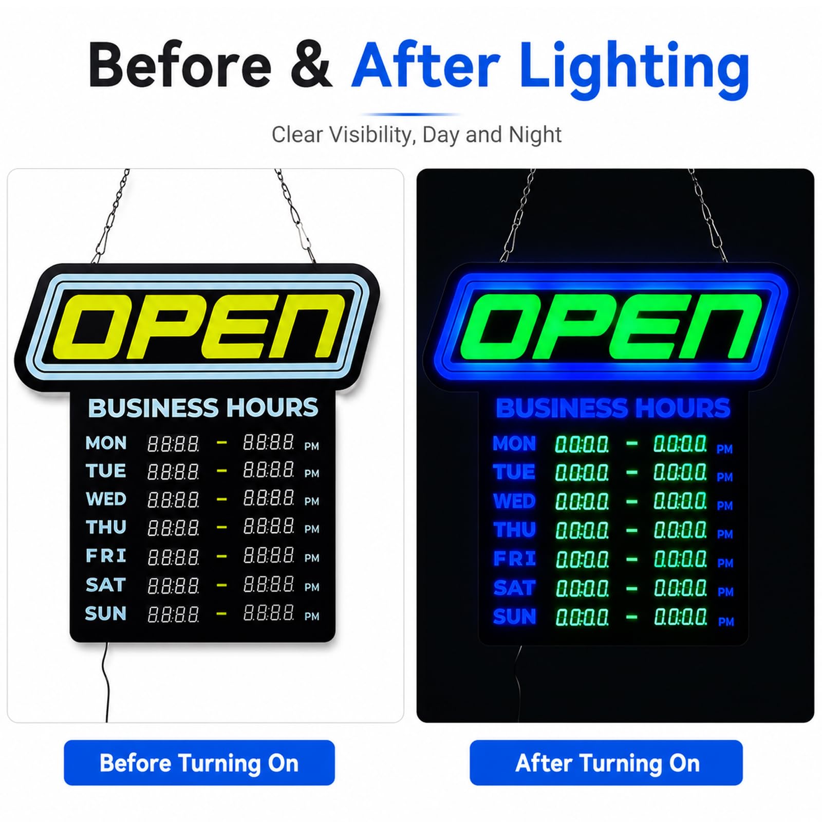 Insegna LED Aperto, Orari Settimanali, Display Digitale e Pannello Acrilico | Programma LUN-DOM, LED Uniformi e Catena per Negozi, Caffè e Ristoranti