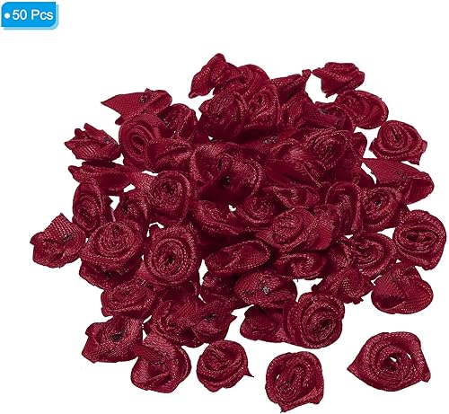 Miniatura 8 de PATIKIL Mini rosas de cinta de satén de 0.6 pulgadas, 50 piezas de adornos de flores de tela, apliques de rosetas para manualidades y bodas, color