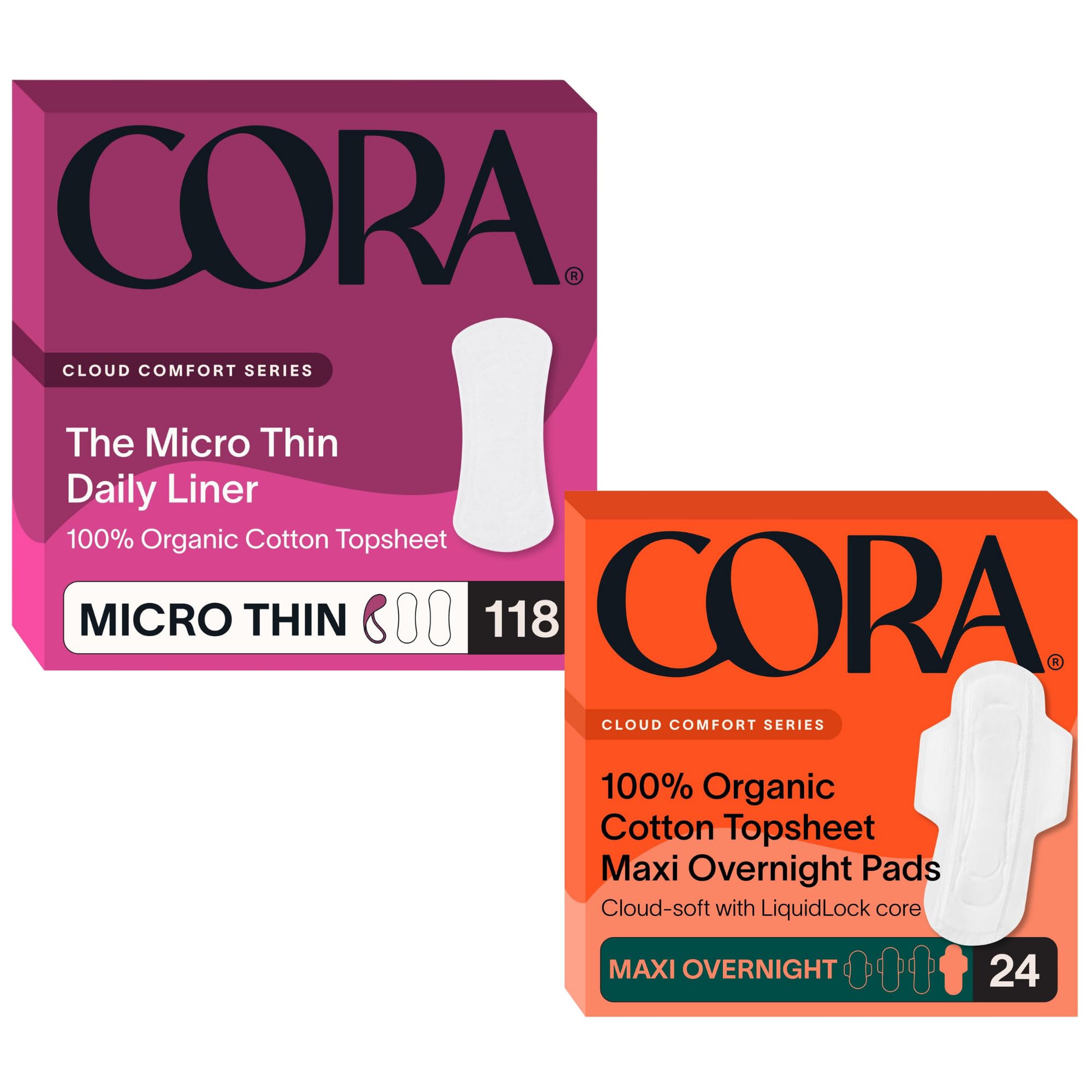 Cora Organic Cotton Feminine Care Bundle 118 Micro Thin Daily Panty Liners and 24 Maxi Overnight Pads with