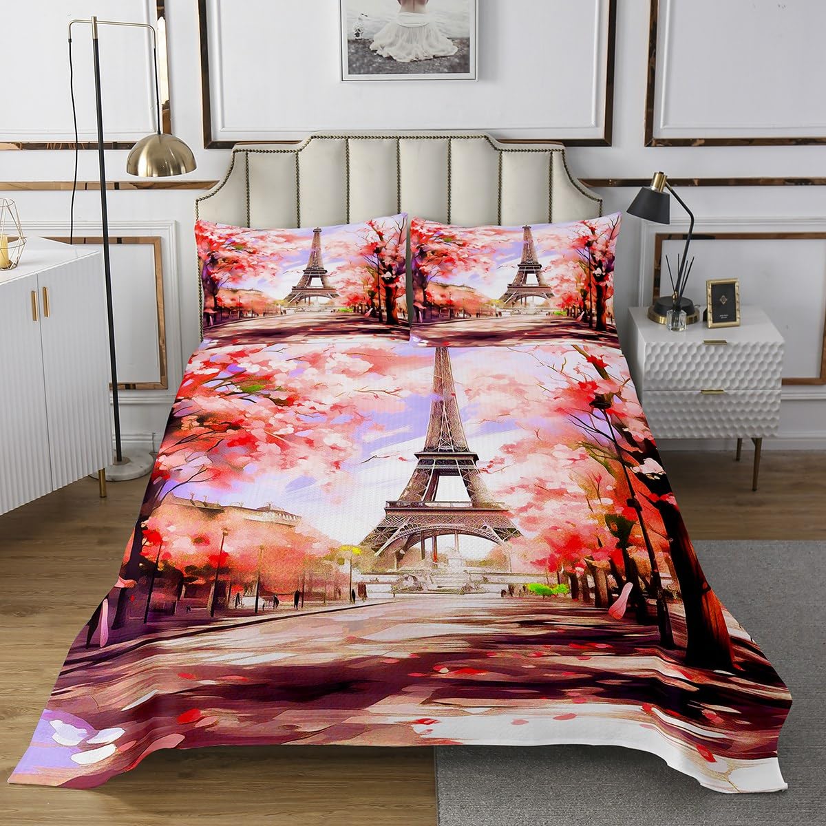 jejeloiu Red Eiffel Tower Bedspread Paris Coverlet Set for Kids Boys Girls Teens Room Decor Cherry Blossoms Romantic Floral Flower Quilted Coverlet Twin Size