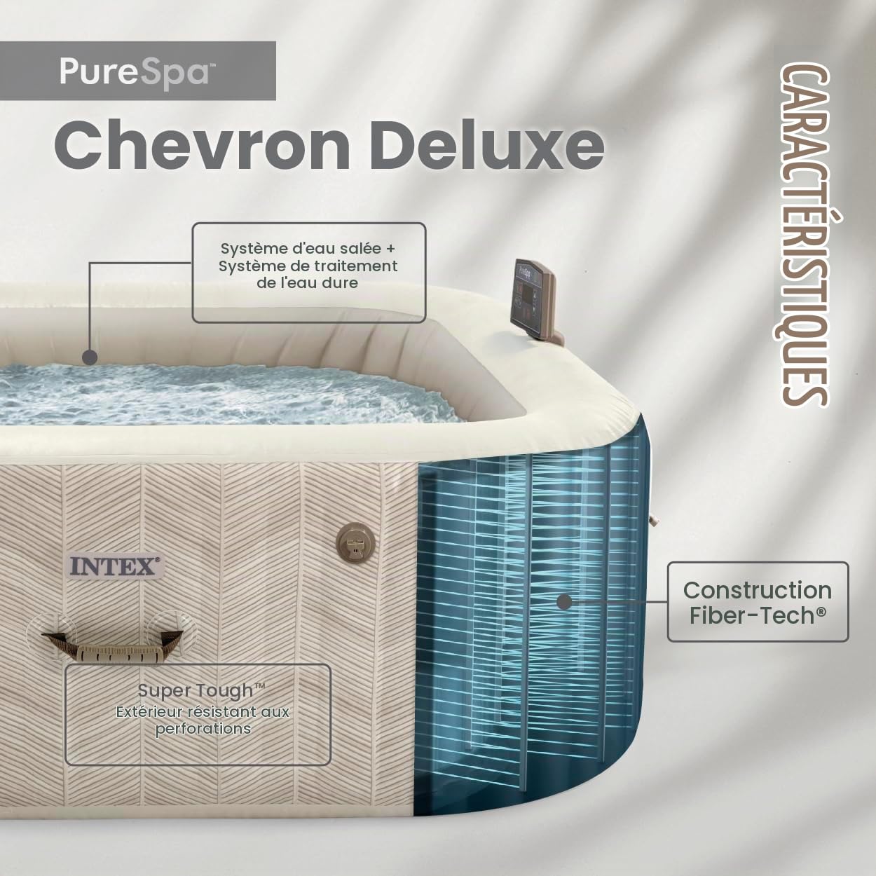 INTEX 28445EH Bain à remous Portable Gonflable d'extérieur Deluxe PureSpa Chevron pour 4 Personnes, avec Couverture de Spa économe en énergie, Application de contrôle de Spa, système d'eau salée prêt