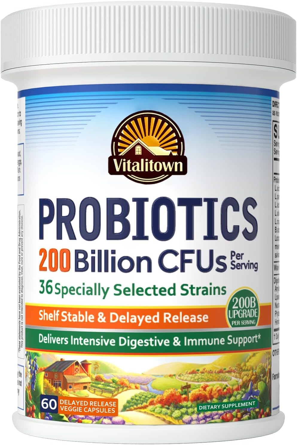 Vitalitown Probiotics 200 Billion CFUs 36 Strains | Shelf Stable, Acid & Bile Resistant | Intensive Digestive & Immune Support | Men & Women Probiotics | Vegan Non-GMO | 60 ct