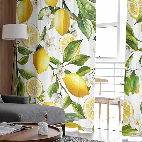 Miniatura 3 de Cortinas traslúcidas de limón de 72 pulgadas de largo, juego de 2 paneles de cortinas semitransparentes con bolsillo para barra de cortina de verano