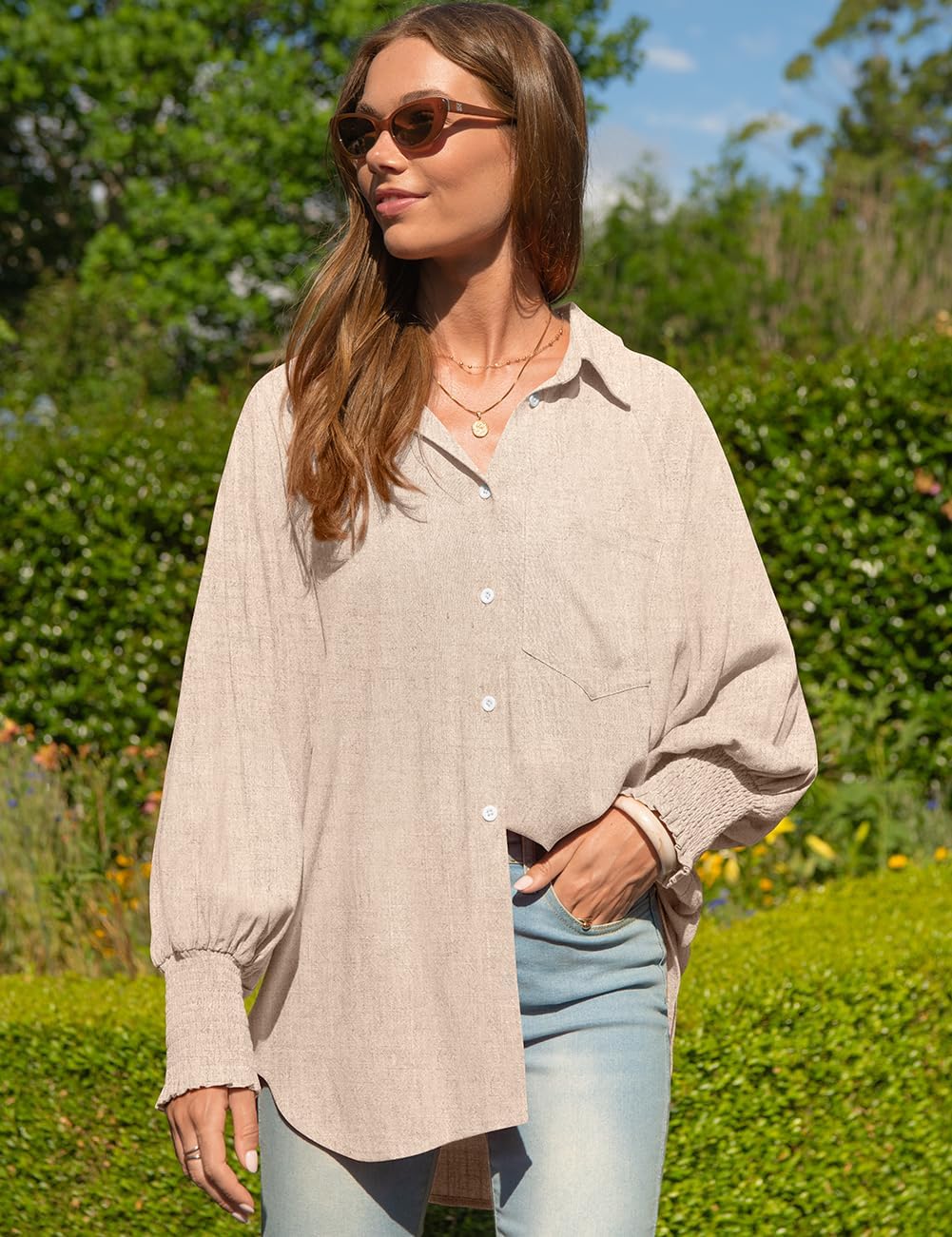 TARSE Women Linen Shirt Smocked Cuffed Casual Collar Long Sleeve Oversized Button Down Blouse Tops Boyfriend Shirt - Image 3
