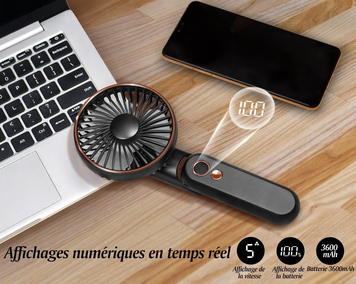 Ventilateur De Poche Rechargeable - Batterie 3600mAh USB-C - 5 Vitesses Réglables - Pliable Et Portable - Pour Bureau, Extérieur, Voyage - Affichage Numérique Batterie