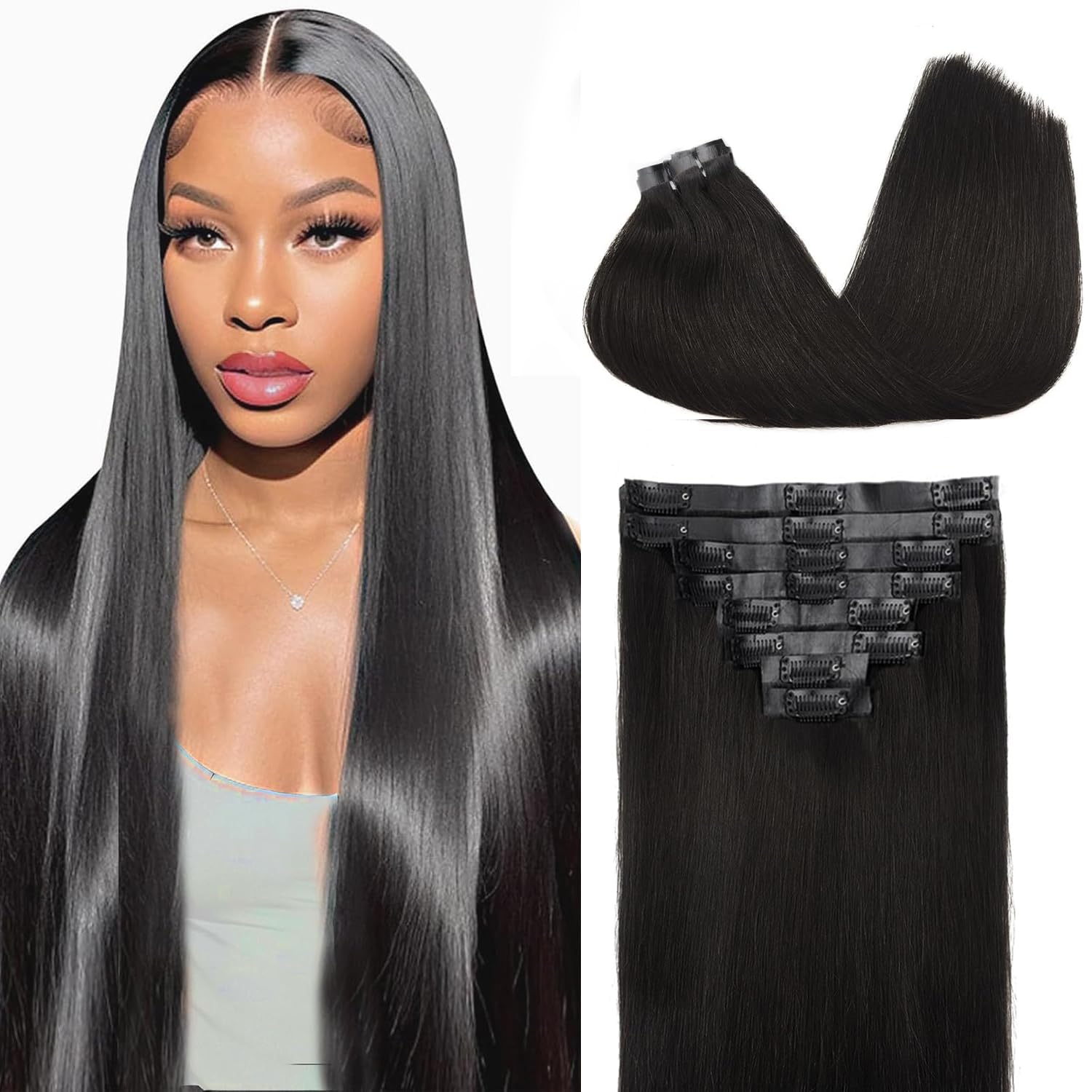 Seamless Clip in Hair Extensions PU Skin Weft Invisible Hair Extensions Seamless Clip Ins for Black Women Real Remy Human Hair Straight Natural Black 8Pcs 120g(24inch,1B)
