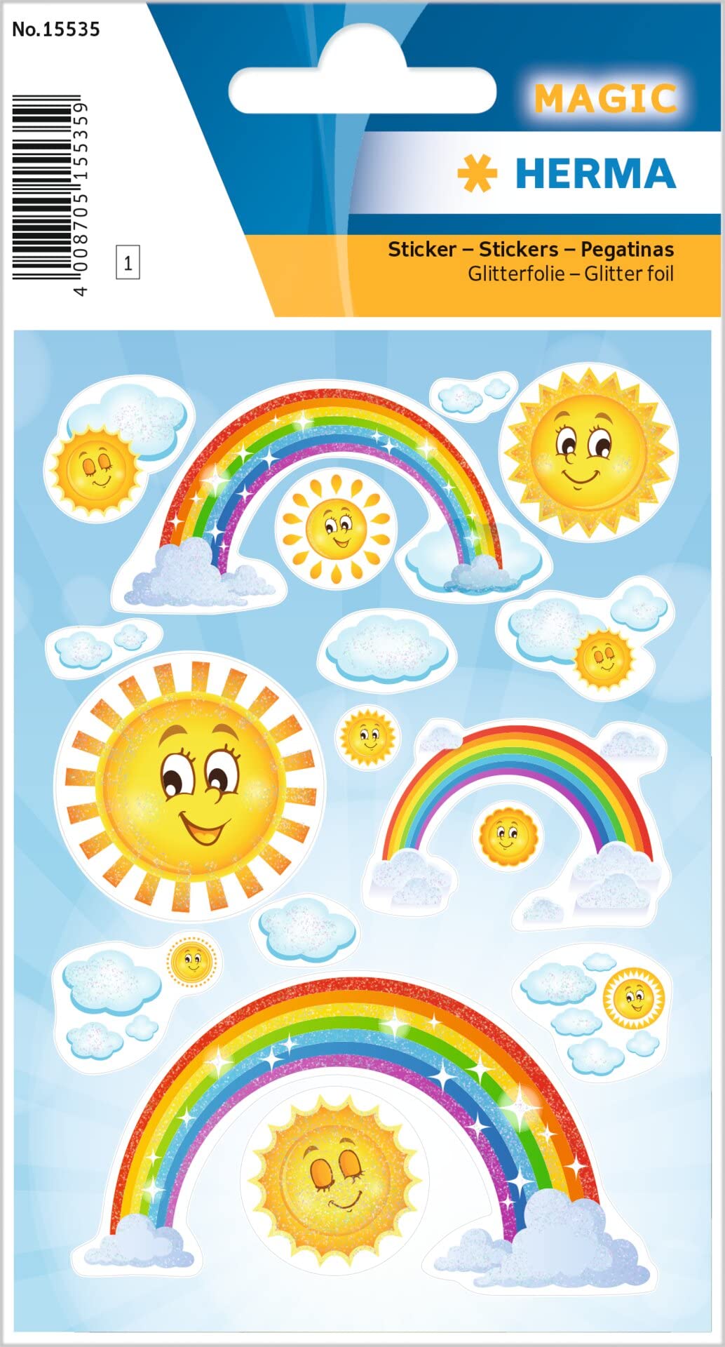 HERMA 15535 Stickers Rainbow Glitter Small Large Pack of 15 Summer Stickers with Sun Clouds Rainbow Motif, Children's Labels for Photo Album, Diary, Poetry Album, Scrapbooking, Birthday Decoration,