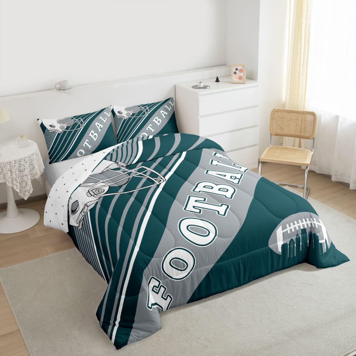 Erosebridal Football Comforter Set Football Lovers Toddler Bedding Set, Rugby Sports Decor Bedding Comforters & Sets Birthday Gifts for Men Geometric Striped Duvet Set, Queen 3Pcs