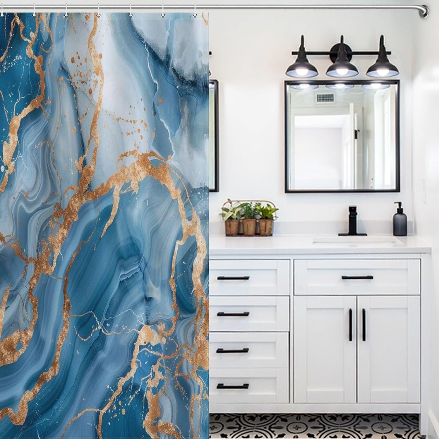 Marble Shower Curtain, Modern Abstract Foil Stone Texture Gold Blue Marble Shower Curtains Sets for Bathroom, Art Bath Curtain,Waterproof Fabric with 12 Hooks 60x72Inch（152x183cm）
