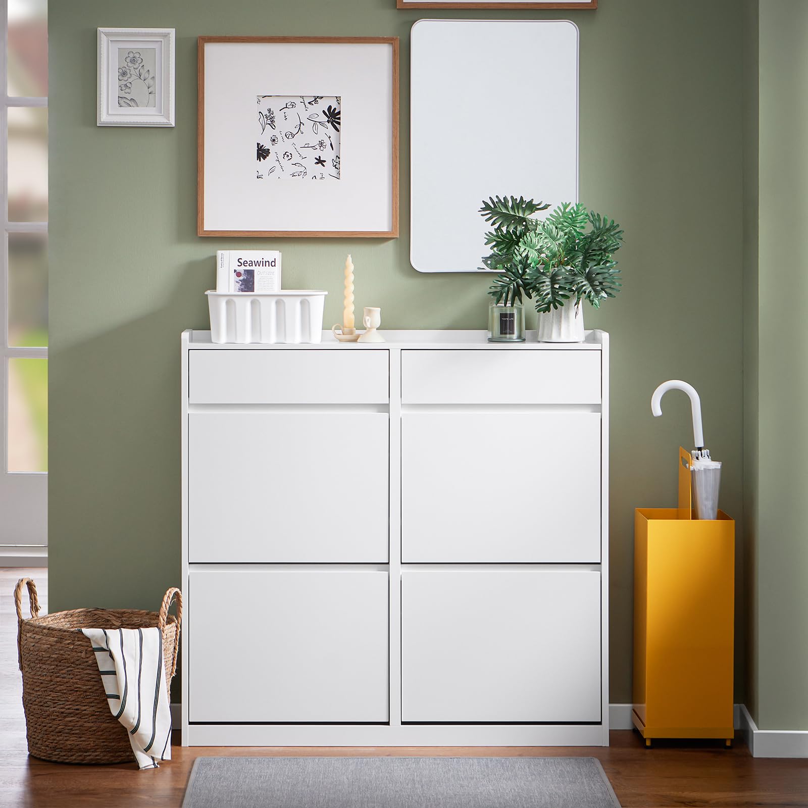 SoBuy Scarpiera Salvaspazio con 4 Ante Ribaltabili e 2 Cassetti, Grande Capacità, Mobile Scarpiera per Ingresso e Corridoio, Ideale per Piccoli Appartamenti - Design Moderno, 98x19x95cm – FSR169-W