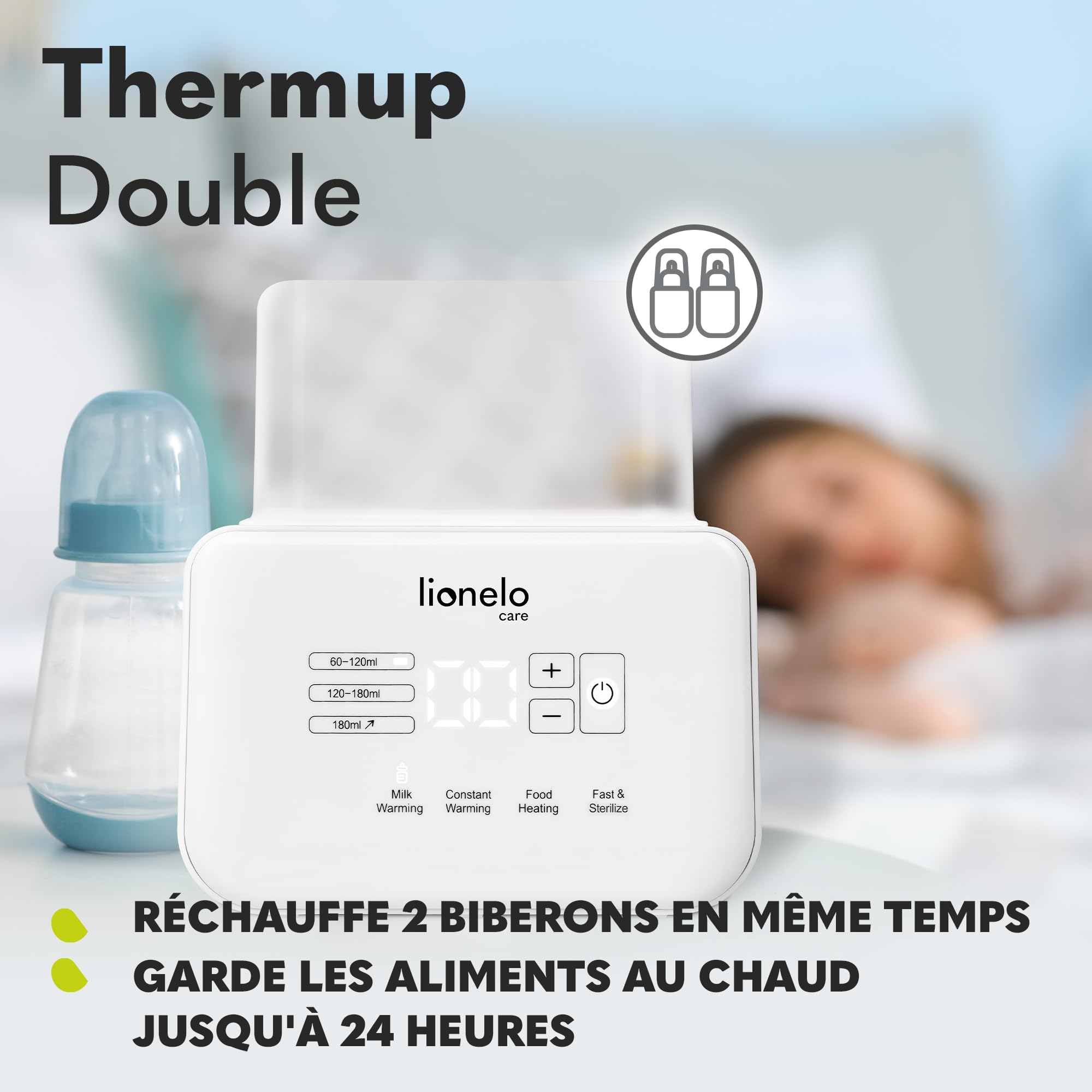 Lionelo Thermup Double Chauffe-Biberon 6 en 1, Chauffage Rapide dès 3 min | 2 biberons à la fois, stérilise, décongèle, garde au chaud 24 h, jusqu’à 100 °C, écran tactile lumineux, silencieux, Blanc