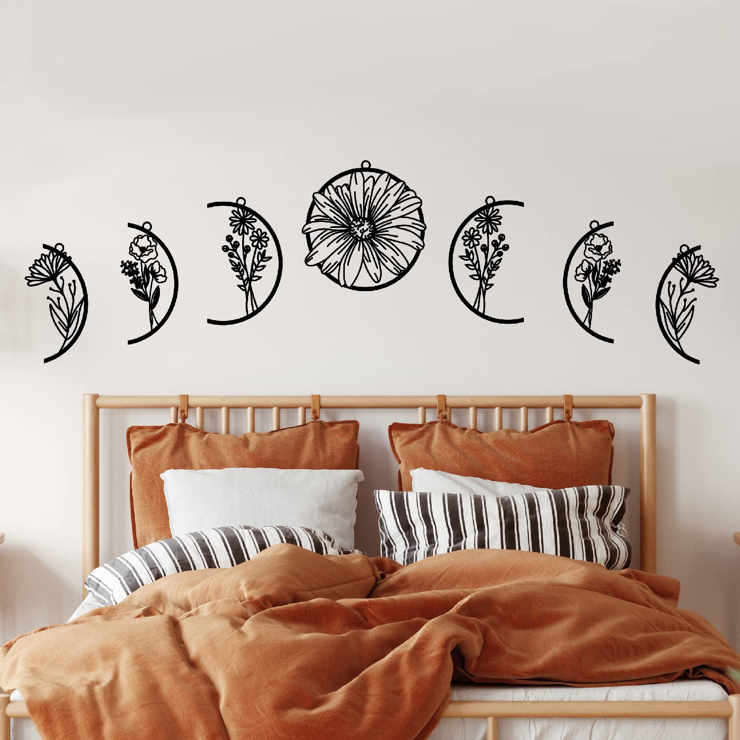 Boho Moon Phase Metal Wall Art, Floral Moon Flower Metal Wall Decor for Bedroom, Living Room, Kitchen or Above Bed, Spiritual Bohemian Home Decoration