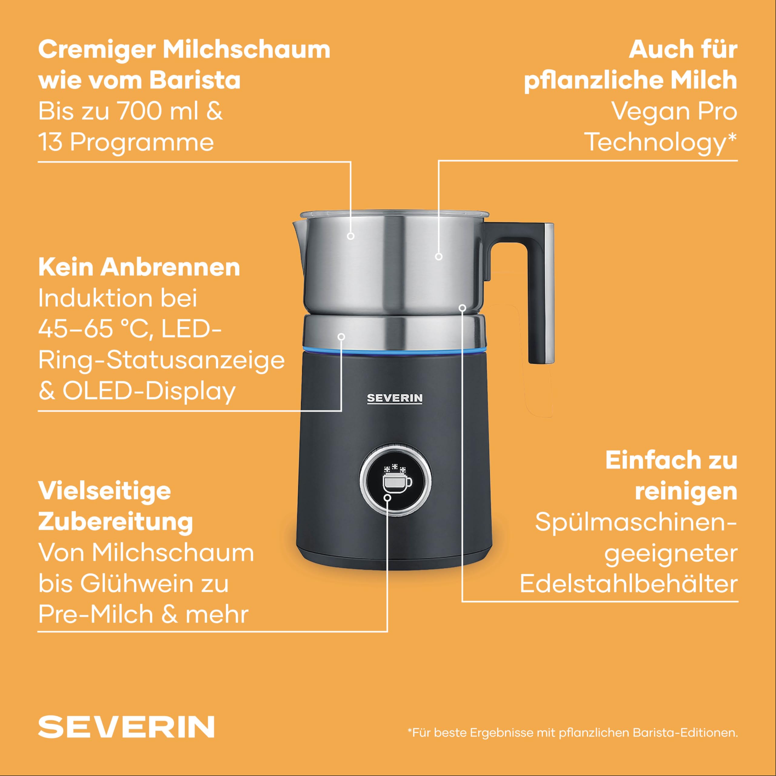 SEVERIN SPUMA 700 Plus Induktions-Milchaufschäumer, 13 Programme, OLED-Display, LED-Lichtring mit Statusanzeige, einfache Reinigung, Barista-Ausgusszotte, Edelstahl-gebürstet, schwarz, SM 3587