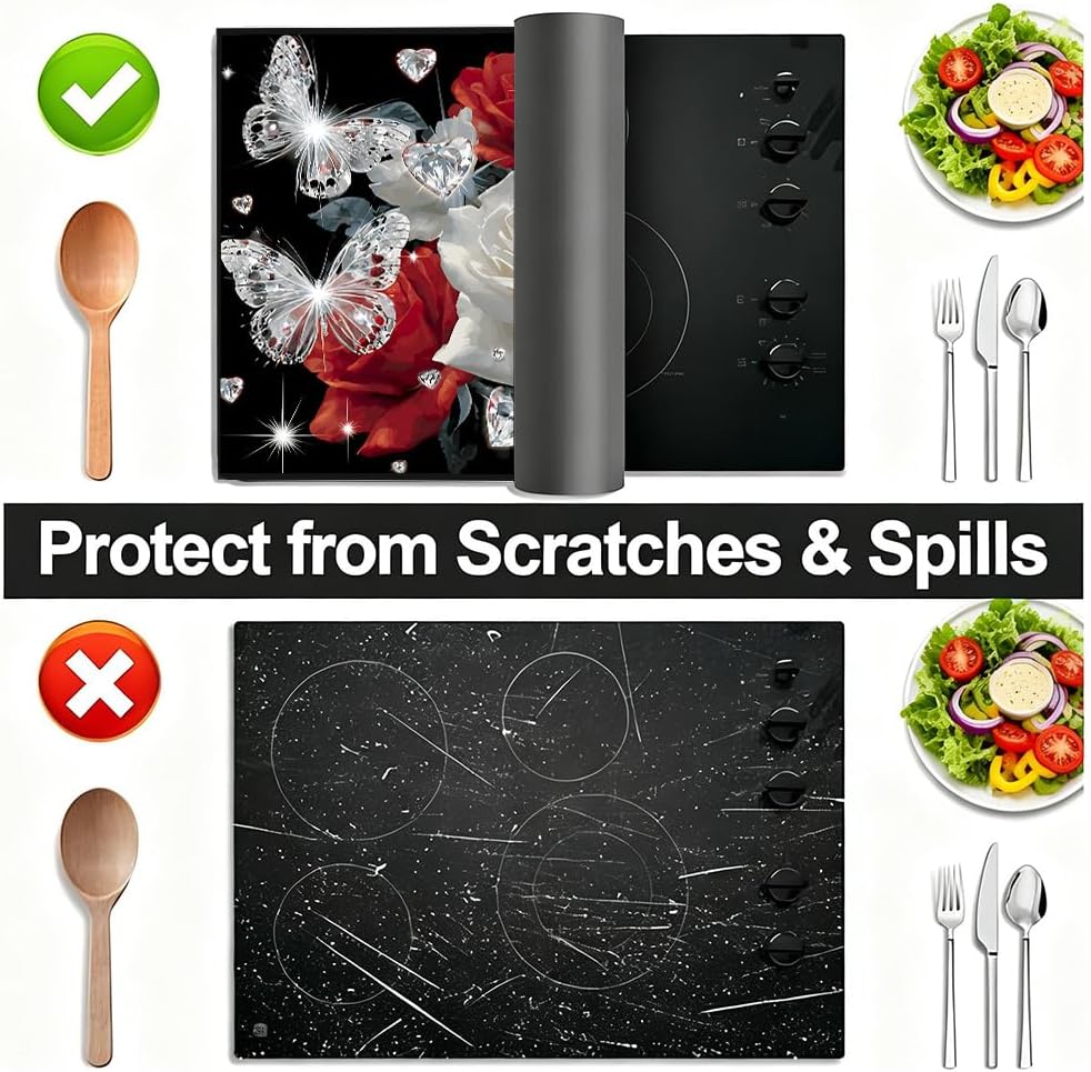 Diamond Rose Stove Top Covers for Electric Stove, 28.3x20.5 Inch Stove Mat, Crystal Flower Kitchen Decor, Glass Top Protector & Backsplash