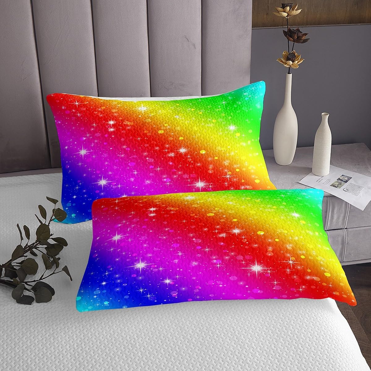 Homewish Rainbow Colorful Bedspread Queen Size,Bright Stars Galaxy Quilt Sets 3Pcs for Kids Teens Youth Room Decor,Watercolor Gradient Bedding Sets Fashion Vivid Down Comforter,2 Pillowcases