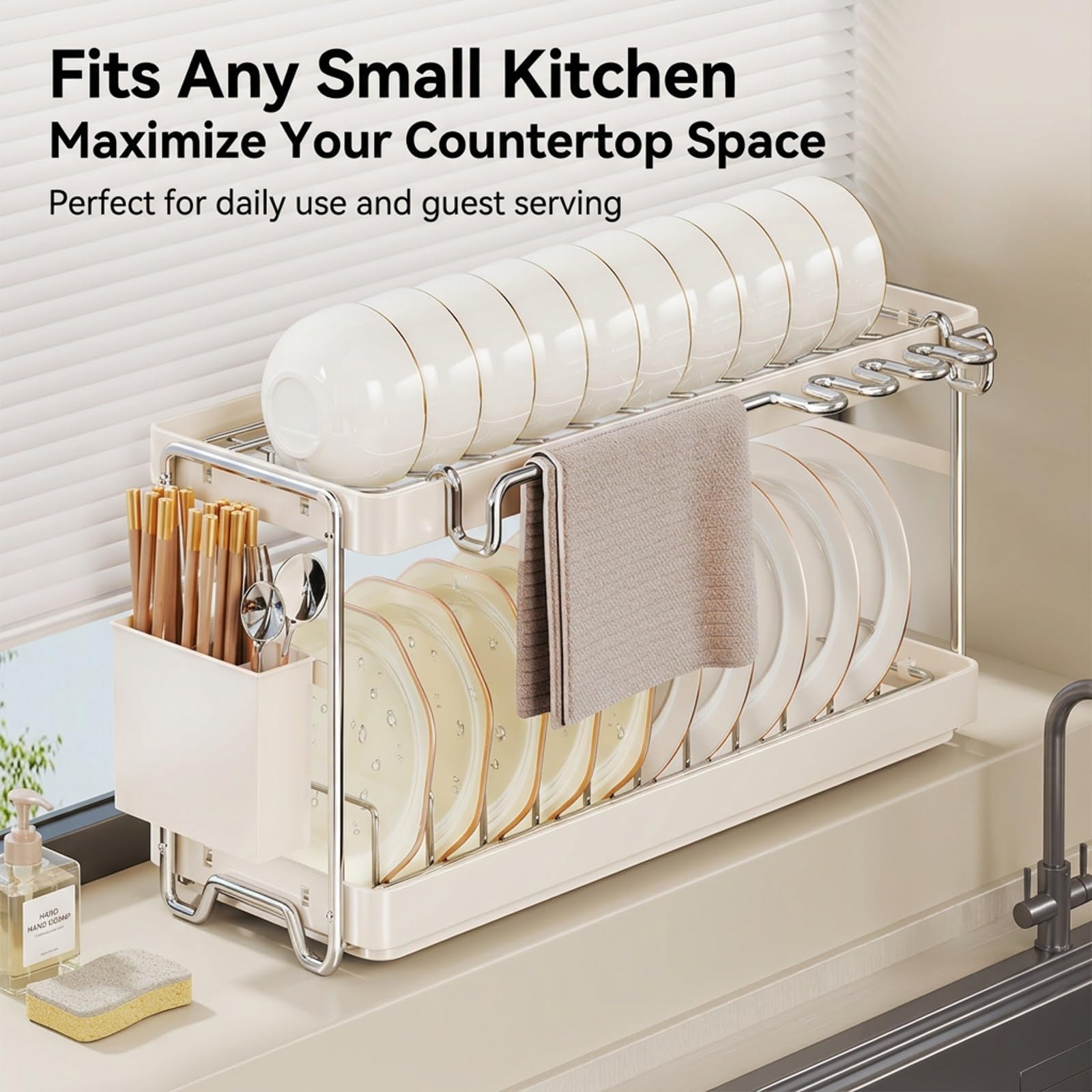 Escurridor de Platos de 2 Niveles para Encimera de Cocina con Bandeja | Acero Inoxidable, Diseño de 2 Niveles, Bandeja de Goteo, Organizador Compacto(37cm/14.5in)