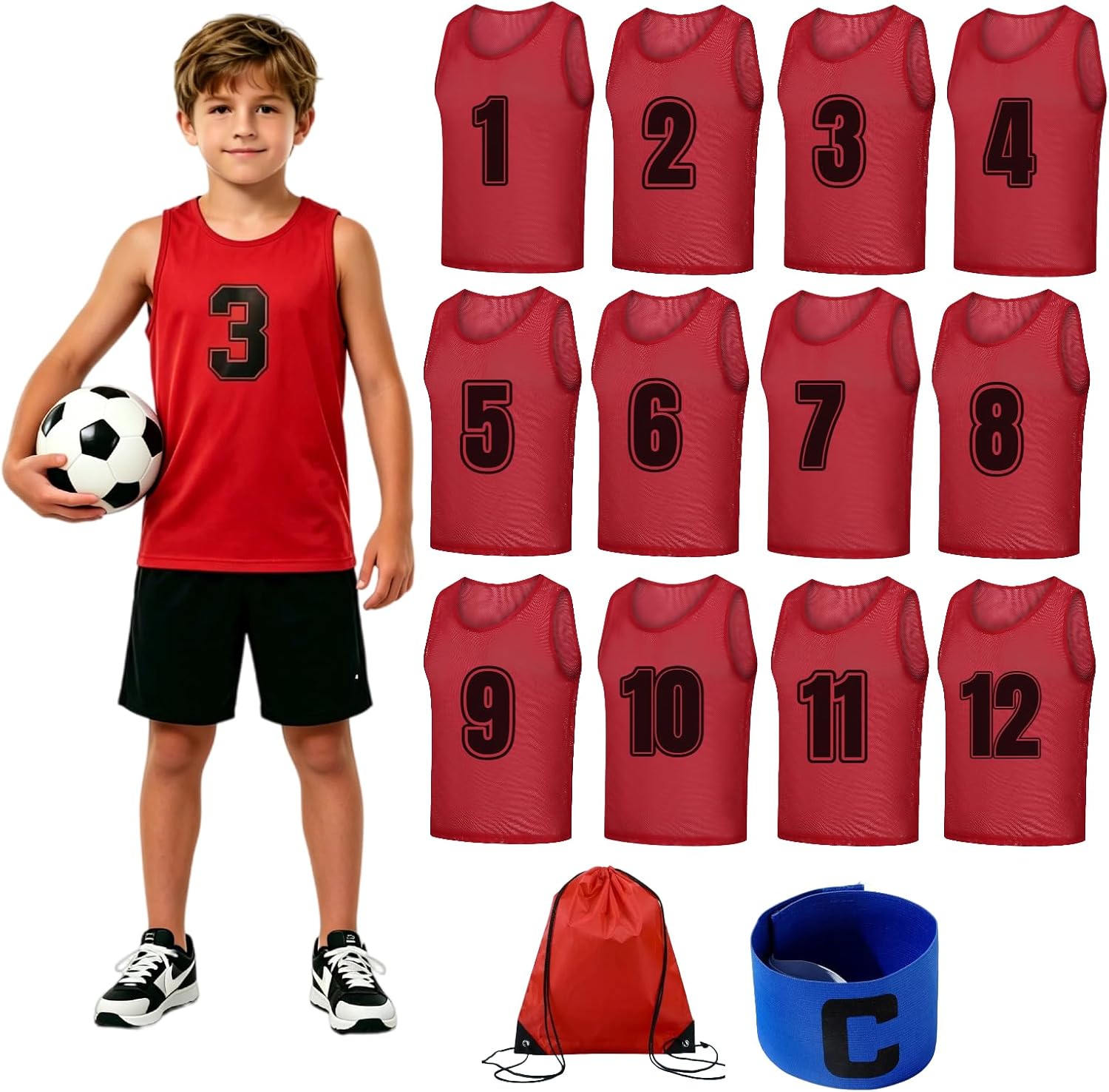 TOEPODO Pinnies Set of 12 Pack Scrimmage Vests Soccer Bibs Team Practice Pinnies with Drawstring Bag & Captain's Armband