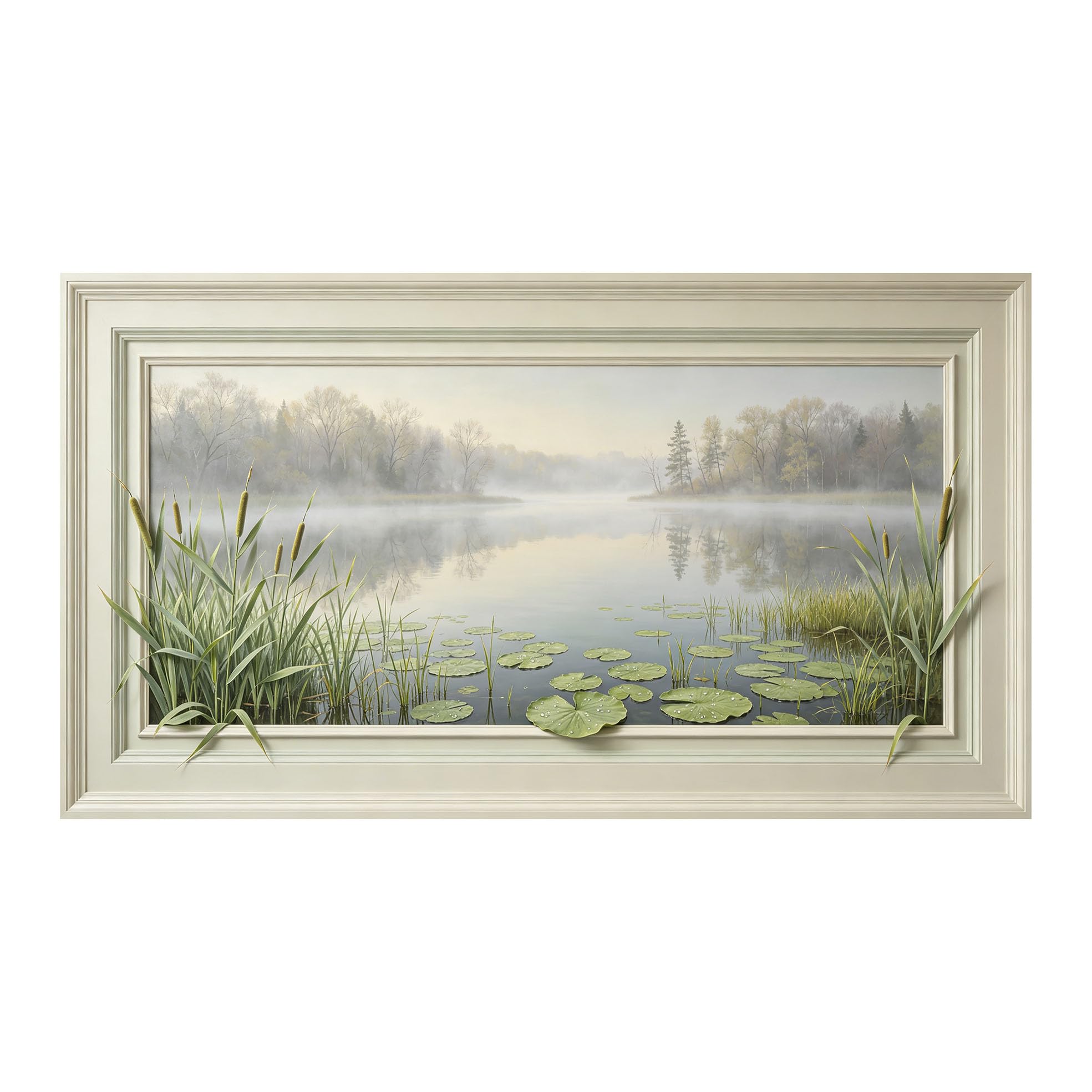 Yzpallescene 3D Framed Wall Art 50cm×100cm Misty Lake Botanical Watercolor Trompe L'oeil Panoramic Large Size SelfAdhesive Removable Wall Decor Prints Artwork for Living Room Bedroom Office