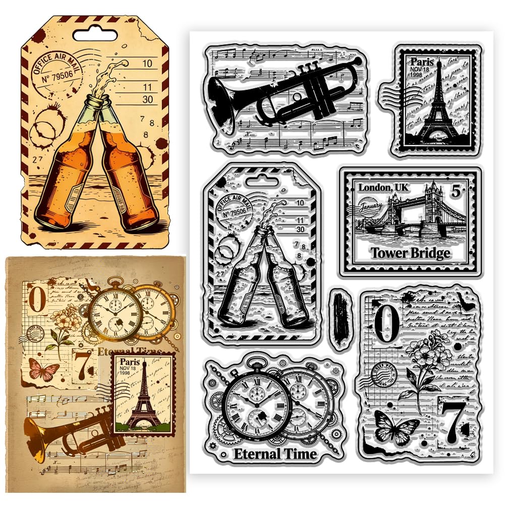 CONCHLERY Vintage Stamps Pattern Clear Stamps Vintage Labels Silicone Stamp Seal Transparent Stamp for DIY Scrapbooking and Card Making Paper Craft Decor, 6.3x4.3 Inch