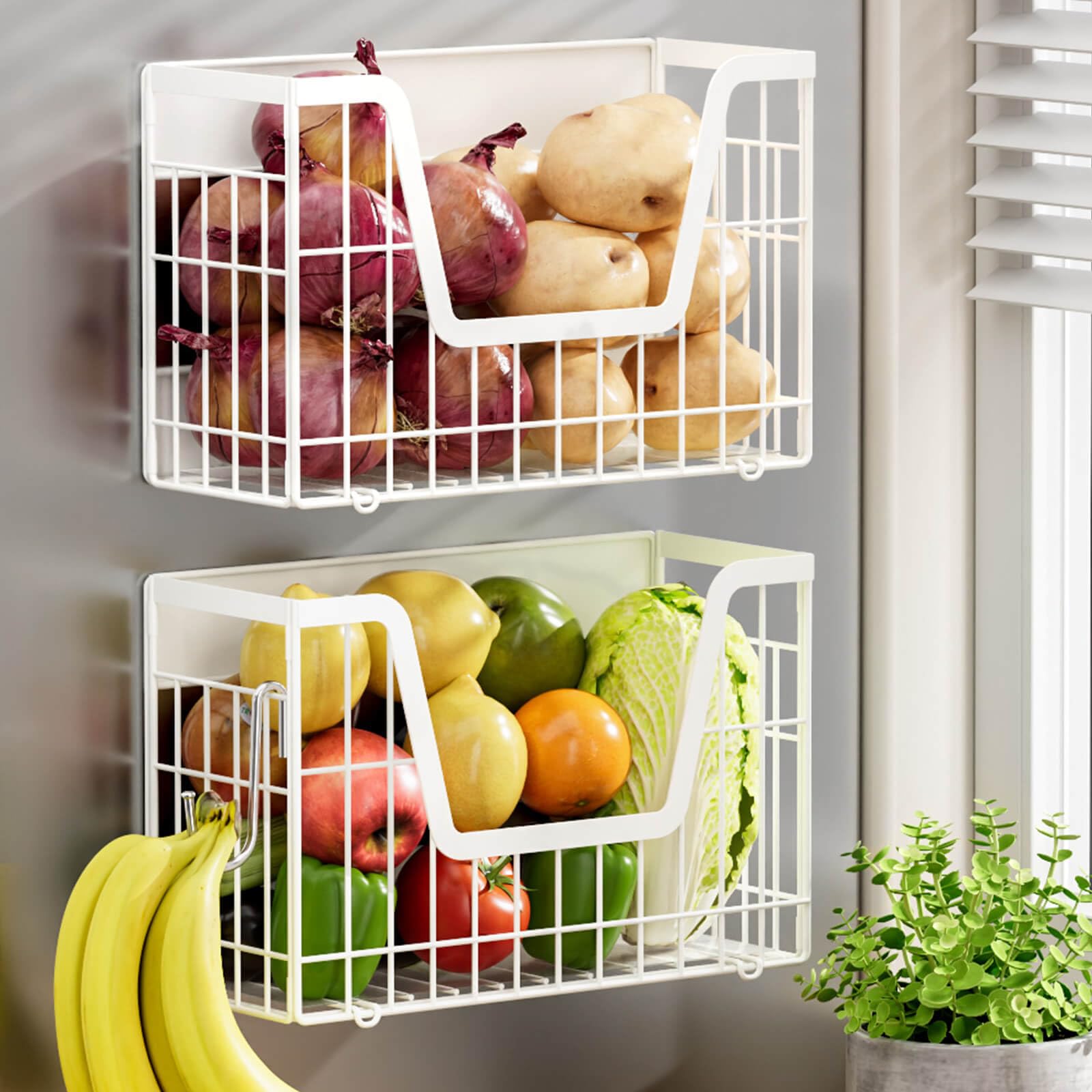 2 Set Magnetic Fridge Shelf, White Magnetic Fruit Basket for Fridge