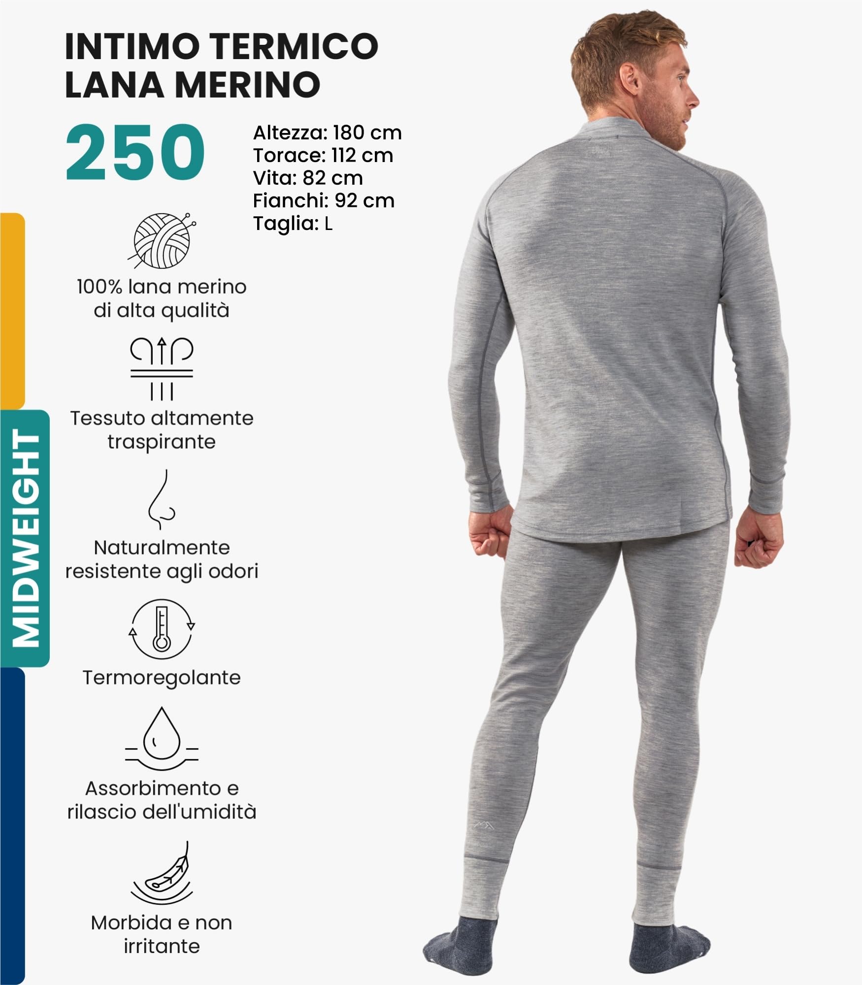 Merino.tech Intimo Termico Uomo Lana Merinos - Completo Termico Uomo Maglia e Pantaloni con Calzini Leggero, Medio, Pesante