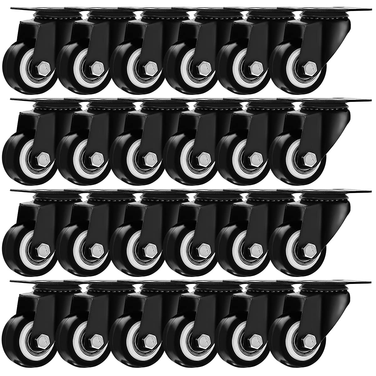24 Pack Swivel 1.5" Caster Wheels Rubber Base with Top Plate & Bearing Heavy Duty (24 Pack Without Brake)