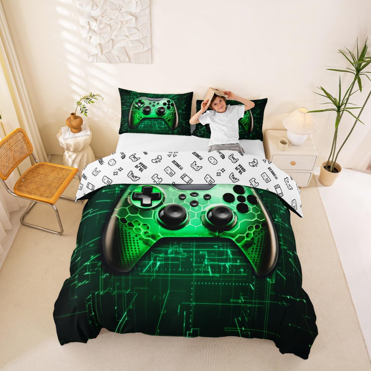 Gamepad Duvet Cover Modern Gamer Comforter Cover Twin Size for Kids Boys Video Game Green Black Bedding Set Player Gaming Bedspread Cover Breathable