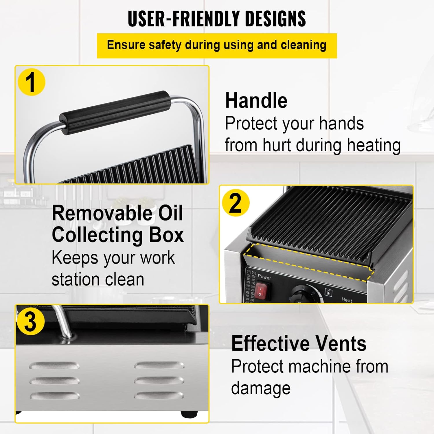 Happybuy Commercial Sandwich Panini Press Grill,110V 1800W Single Full Grooved Plates Electric Stainless Steel Sandwich Maker,Temperature Control 122°F-572°F for Hamburgers Steaks Bacons : Industrial & Scientific