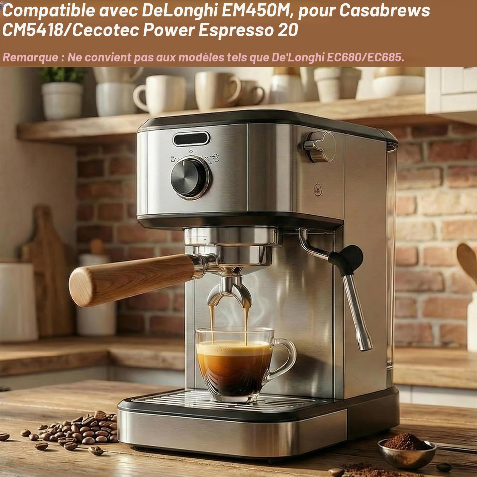 Porte-filtre de 51 mm pour machine à café DeLonghi EM450M, 3 ergots, porte-filtre en acier inoxydable de 4 mm d'épaisseur avec poignée en bois de pour Casabrews CM5418/Cecotec Power Espresso 20