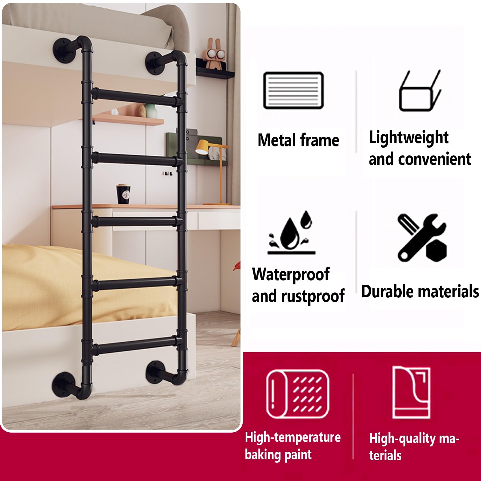 Escalera de Emergencia Industrial Negra, Escalera de ático para literas, Escalera de Pared de 4 peldaños, Escalera de Subida para Uso Interior y Exterior, Capacidad de Carga 150 kg (150 cm/5