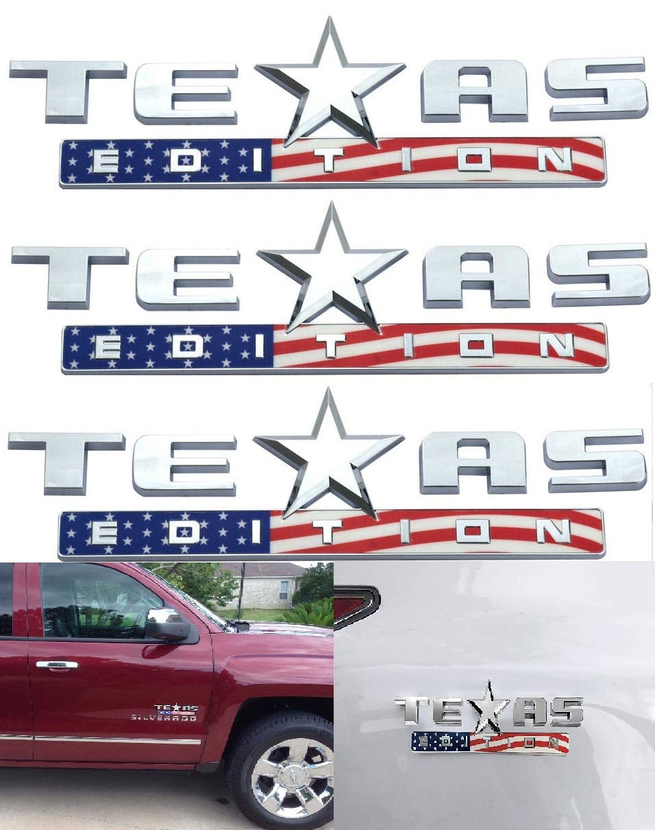 Muzzys (Set of THREE) American Flag Texas Edition Emblem Badge 3M Universal Stick on, FITS Silverado, Sierra, Fender, Tailgate, Door, Car, Truck, RED WHITE AND BLUE!