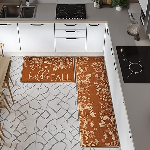 Miniatura 5 de Hello Fall - Juego de 2 tapetes de cocina, antideslizantes, absorbentes, para puerta, diseño de hojas de arce de otoño, decorativas, para cocina, de