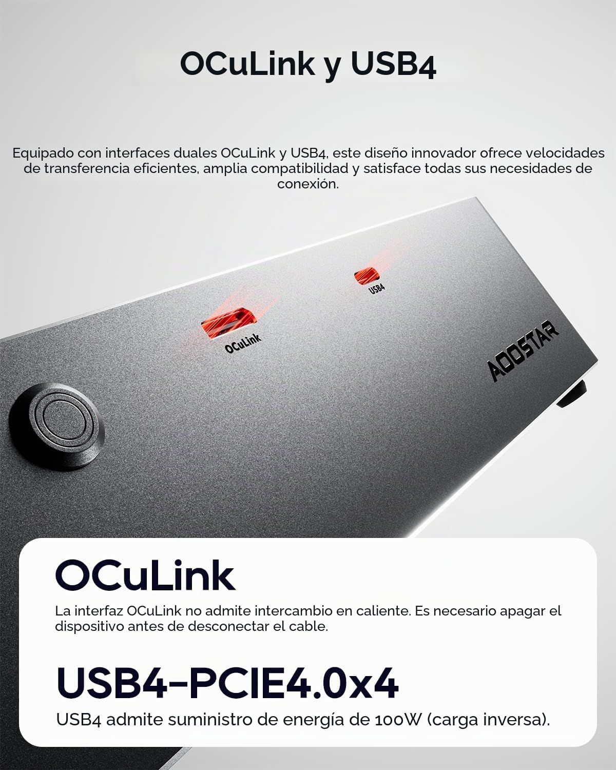 AOOSTAR AG02 eGPU Estación de Acoplamiento con Oculink, Docking Station para GPU Externa, USB4.0 admite Fuente de alimentación inversa 100W, Fuente de alimentación integrada 800W, para GPU hasta 500W