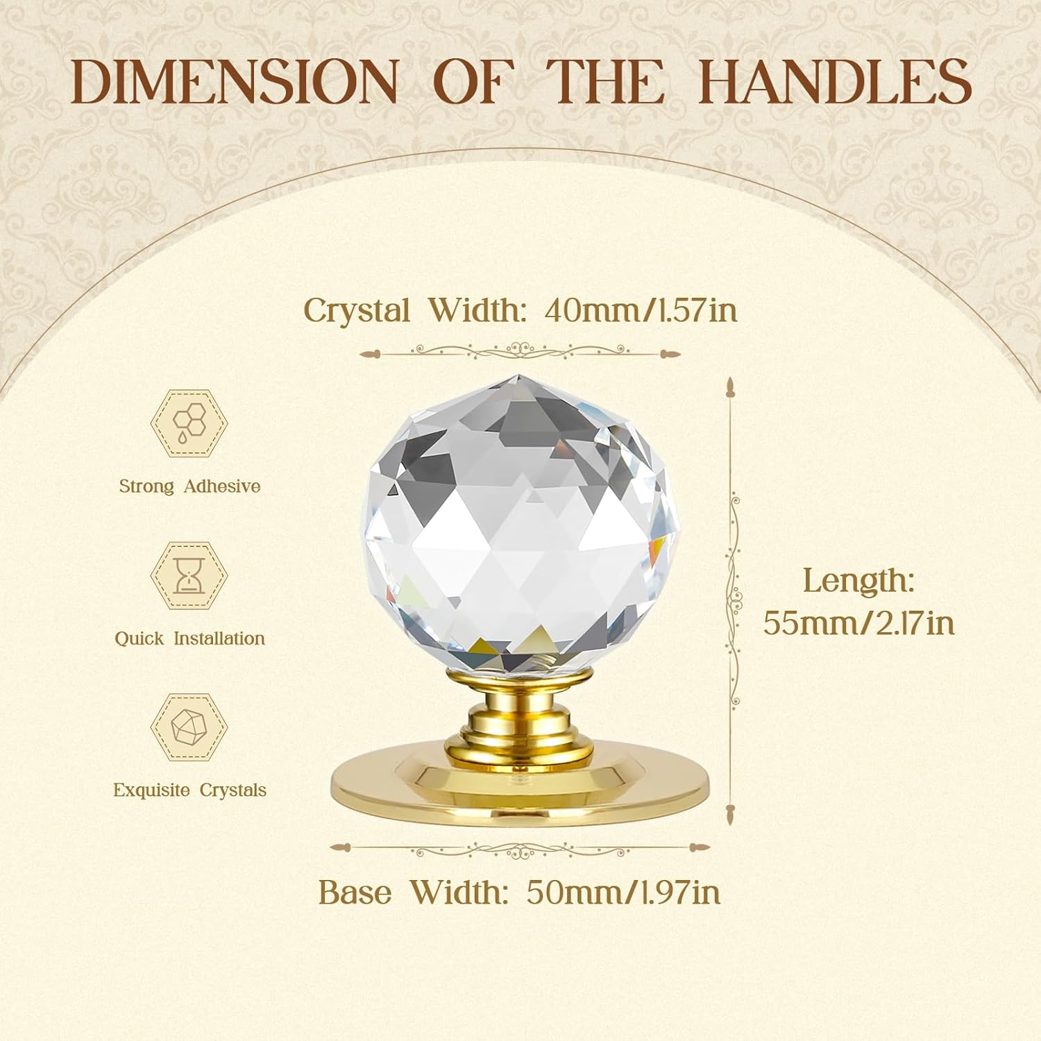 1-3/5 Inch Round Clear Crystal Self Adhesive Knobs 40mm Ball Cabinet Handles for Drawers Mirrors Cupboards Glass Sliding Doors Windows Staircase Corner Decor Peel and Stick Pulls (4, Gold)