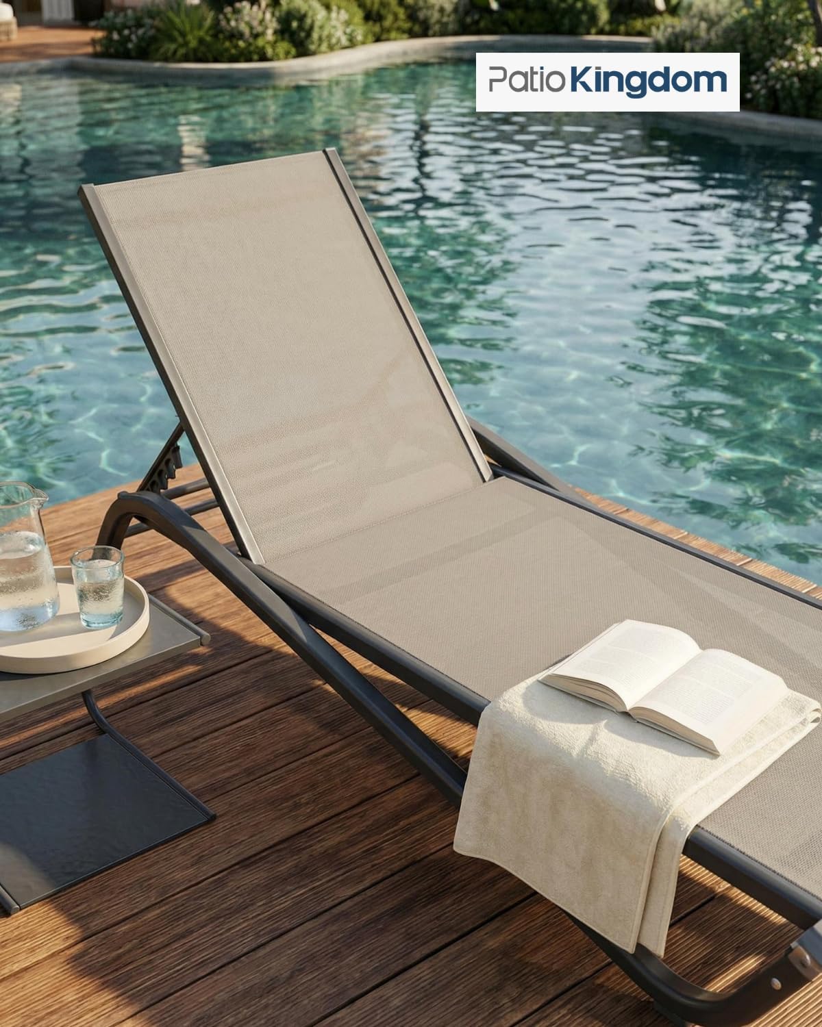 Set of 2 Patio Chaise Lounge Chairs, All-Weather Aluminum Pool Loungers for Outside, 5-Position Adjustable Sunbathing Chair for Deck, Backyard & Poolside, Rust-Proof & Stackable, Beige
