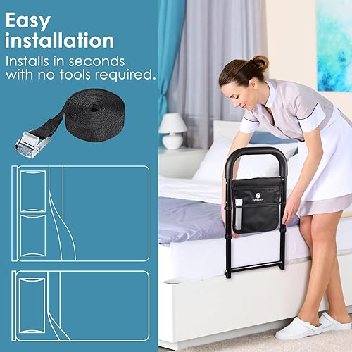 Miniatura 5 de Rieles de cama para adultos mayores ayudan a la seguridad para personas mayores, agarre de barra de mano con bolsillo de almacenamiento,
