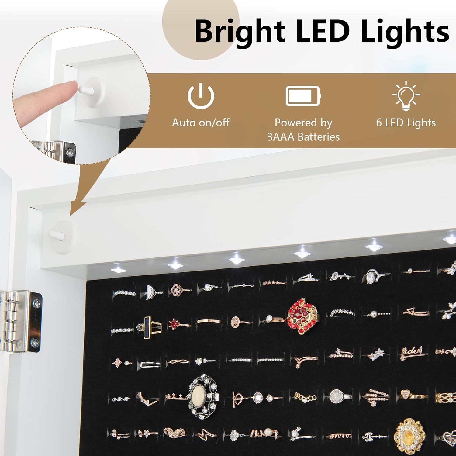 LDAILY Standing Jewelry Armoire with Wheels, Lockable Jewelry Organizer with 3-Position Adjustable Angle, 6 LED Lights & Drawers, Full Length Mirror with Jewelry Storage for Girls Women (White)