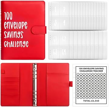 100 Envelope Challenge Binder | Easy and Fun Way to Save $5,050,Savings Challenges Binder,Budget Binder with Cash Envelopes Red